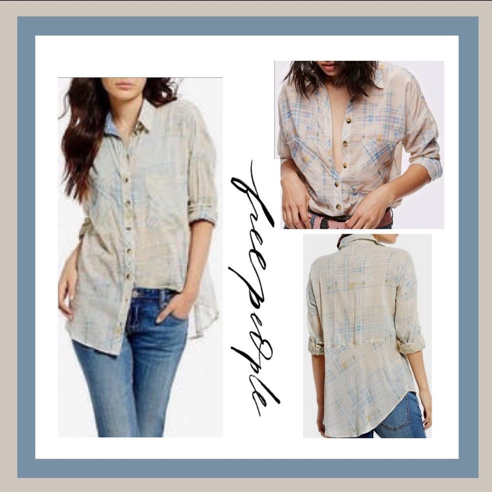 Free People Semi-Sheer Plaid Button Down Shirt Size S